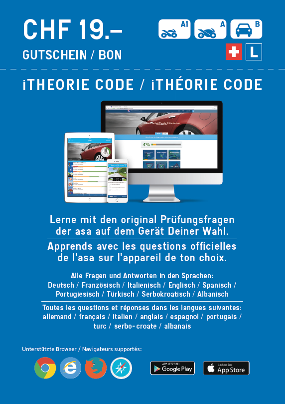 5 Gutscheine iTheorie Auto zu je CHF 14.25 (inkl. MwSt) / 5 bons d’achat pour iThéorie à 14.25 CHF
