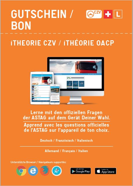 5 Gutscheine iTheorie CZV  zu je CHF 34 (inkl. MwSt) / 5 bons d’achat pour iThéorie OACP à 34 CHF