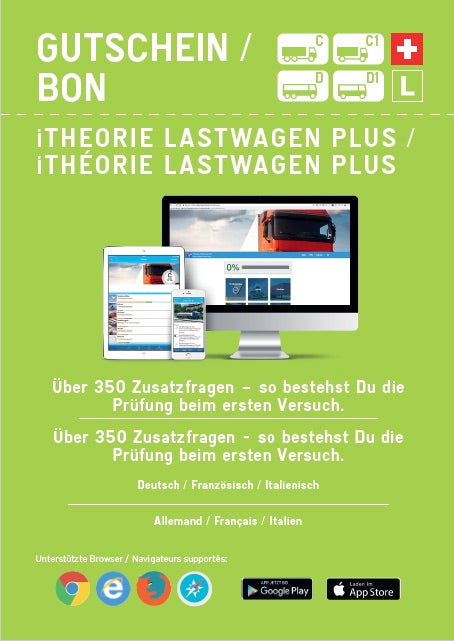 5 Gutscheine iTheorie Lastwagen C PLUS zu je CHF 24 (inkl. MwSt)/ 5 bons d’achat pour iThéorie Camion C Plus à 24 CHF