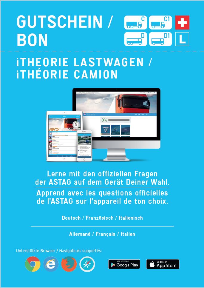 20 Gutscheine: iTheorie Lastwagen zu je CHF 29 (inkl.MwSt) / 20 bons d’achat pour iThéorie Camion à 29 CHF