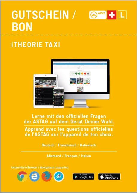 20 Gutscheine iTheorie Taxi zu je CHF 12.45 (inkl. MwSt)/ 20 bons d’achat pour iThéorie Taxi à 12.45 CHF